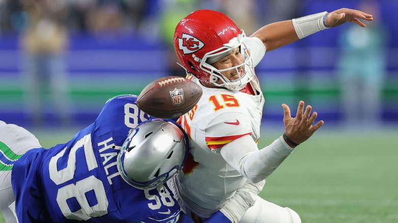 Derick Hall #58 of the Seattle Seahawks forces Patrick Mahomes #15 of the Kansas City Chiefs to fumble during the third quarter at Lumen Field on October 25, 2026 in Seattle, Washington