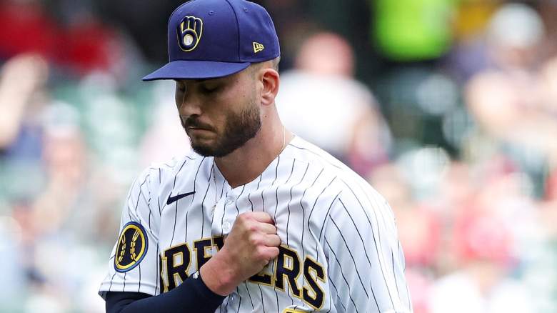 Peter Strzelecki #32 of the Milwaukee Brewers reacts to a strike out