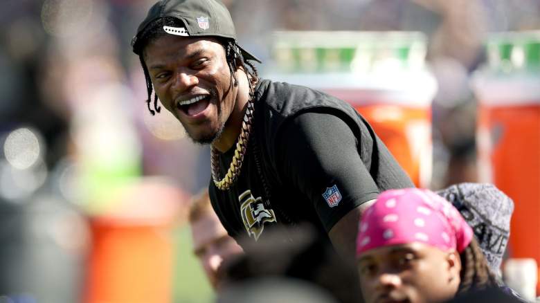 Quarterback Lamar Jackson #8 of the Baltimore Ravens laughs on the sidelines in the first half against the Houston Texans in the second half at M&T Bank Stadium on October 05, 2025 in Baltimore, Maryland. (Photo by Rob Carr/Getty Images)
