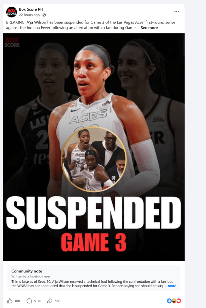 Viral Facebook post falsely claiming A'ja Wilson was suspended for Game 3 against the Indiana Fever
