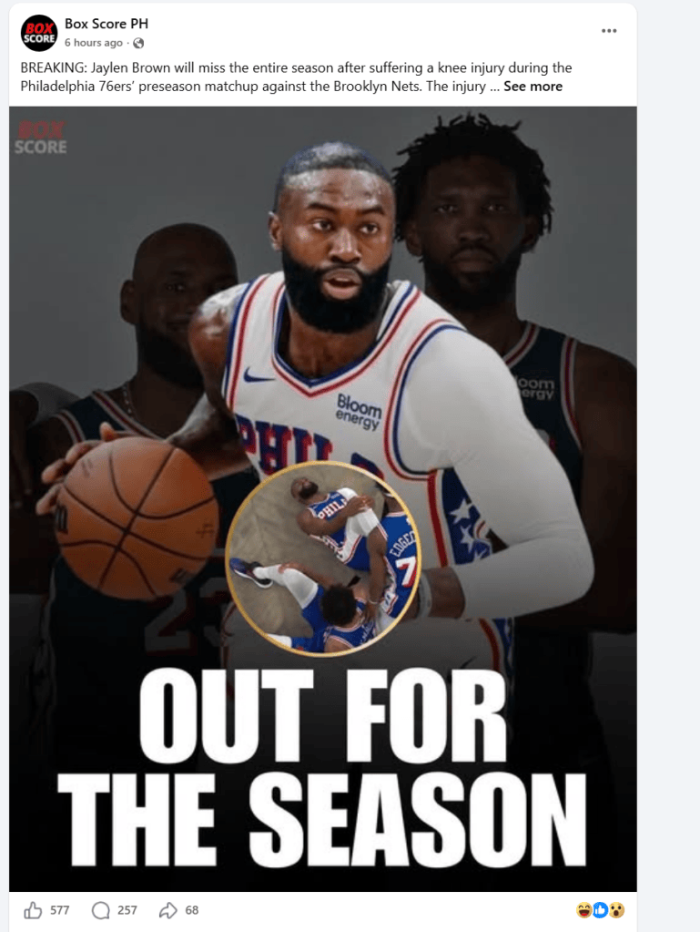 Screenshot of a Box Score PH Facebook post falsely claiming Philadelphia 76ers star Jaylen Brown suffered a season-ending knee injury.