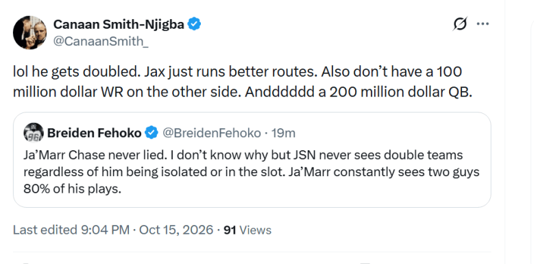 Screenshot of Canaan Smith-Njigba defending brother Jaxon Smith-Njigba on X while comparing the Seahawks' quarterback situation to the Bengals'.