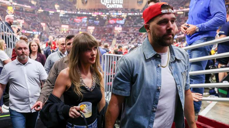 Singer Taylor Swift and Travis Kelce of the Kansas City Chiefs attend Game Three between the New York Knicks and the Cleveland Cavaliers in the NBA Eastern Conference Finals at Rocket Arena on May 23, 2026 in Cleveland, Ohio