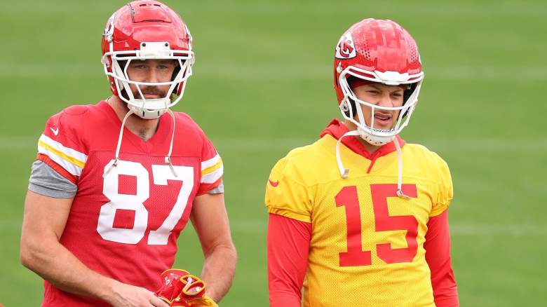 Patrick Mahomes #15 and Travis Kelce #87 of the Kansas City Chiefs warm up during a practice ahead of Super Bowl LIX at Tulane University’s Yulman Stadium on on February 06, 2025 in New Orleans, Louisiana