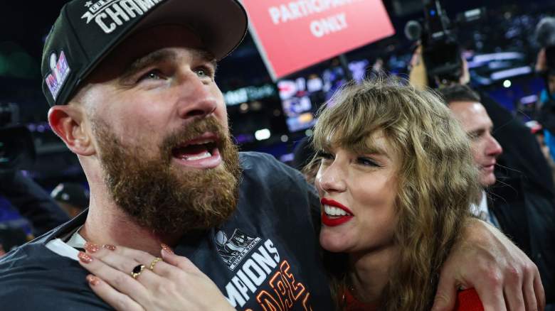 Travis Kelce #87 of the Kansas City Chiefs (L) celebrates with Taylor Swift after defeating the Baltimore Ravens in the AFC Championship Game at M&T Bank Stadium on January 28, 2024