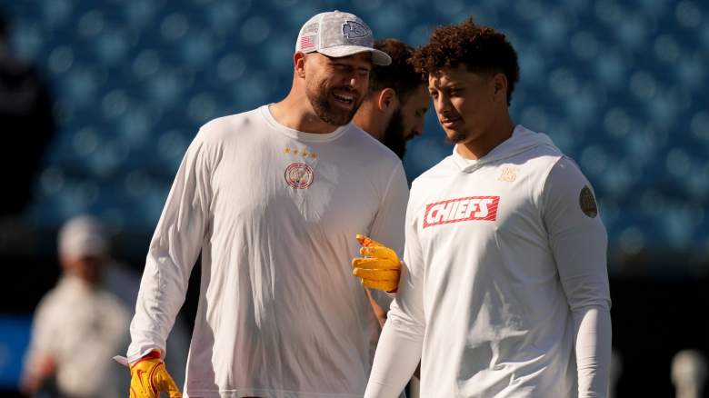 Travis Kelce #87 and Patrick Mahomes #15 of the Kansas City Chiefs warm up at prior to a game against the Carolina Panthers Bank of America Stadium on November 24, 2024 in Charlotte, North Carolina