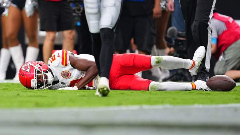 Tyquan Thornton #2 of the Kansas City Chiefs reacts after an injury against the Las Vegas Raiders during the fourth quarter at Allegiant Stadium on October 04, 2026 in Las Vegas, Nevada.