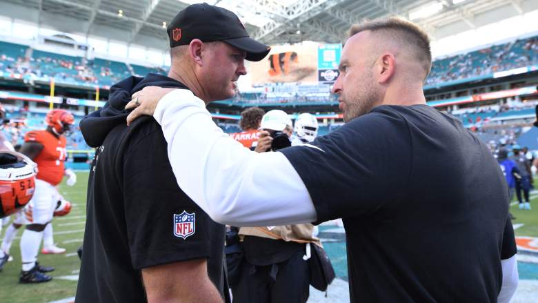 Cincinnati Bengals head coach Zac Taylor speaks with Miami Dolphins head coach Jeff Hafley after their game on October 11, 2026.