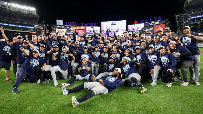 Tampa Bay Rays players pose after clinching the AL East title