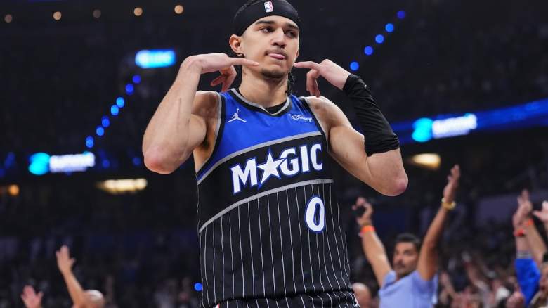 Anthony Black #0 of the Orlando Magic celebrates a basket