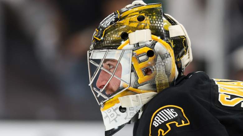 eremy Swayman #1 of the Boston Bruins tends goal against the Utah Mammoth