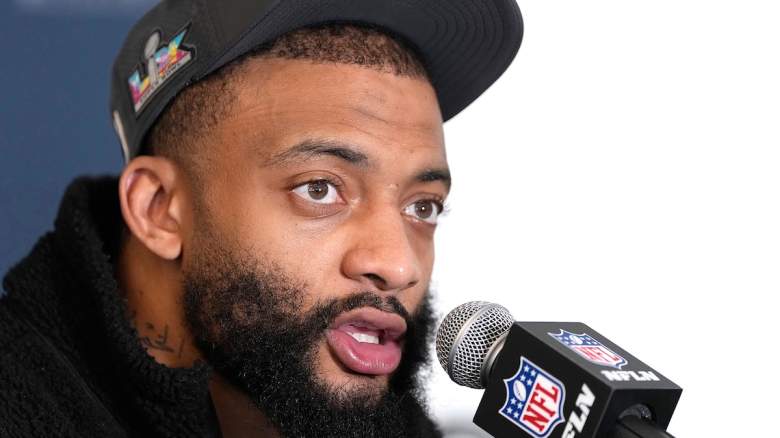 Carlton Davis III #7 of the New England Patriots addresses the media