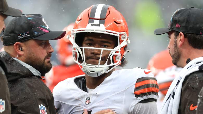 Browns receiver KC Concepcion of the Cleveland Browns speaks with the medical staff during the first quarter of the game against the New York Jets.