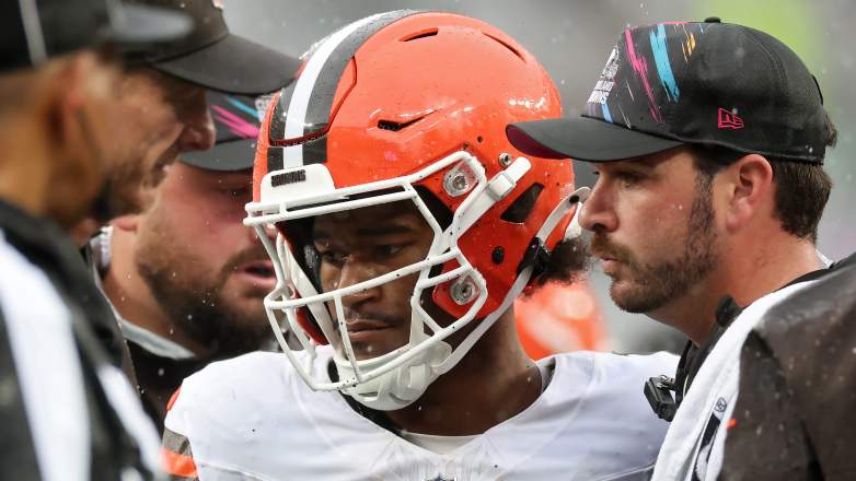 KC Concepcion of the Cleveland Browns speaks with the medical staff during the first quarter.