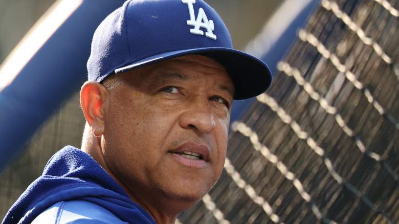 Manager Dave Roberts #30 of the Los Angeles Dodgers looks on