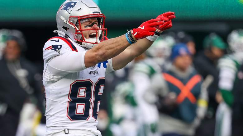 Efton Chism III #86 of the New England Patriots reacts