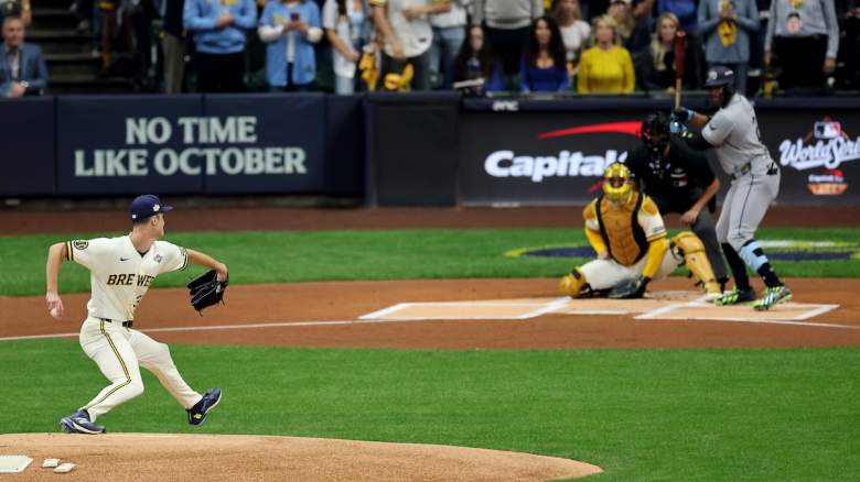 acob Misiorowski #32 of the Milwaukee Brewers throws a pitch during the first inning against the Tampa Bay Rays in game one of the 2026 World Series