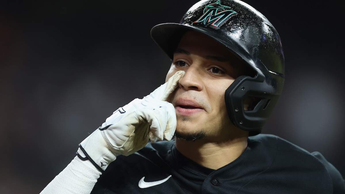 Javier Sanoja #8 of the Miami Marlins reacts after hitting a solo home run
