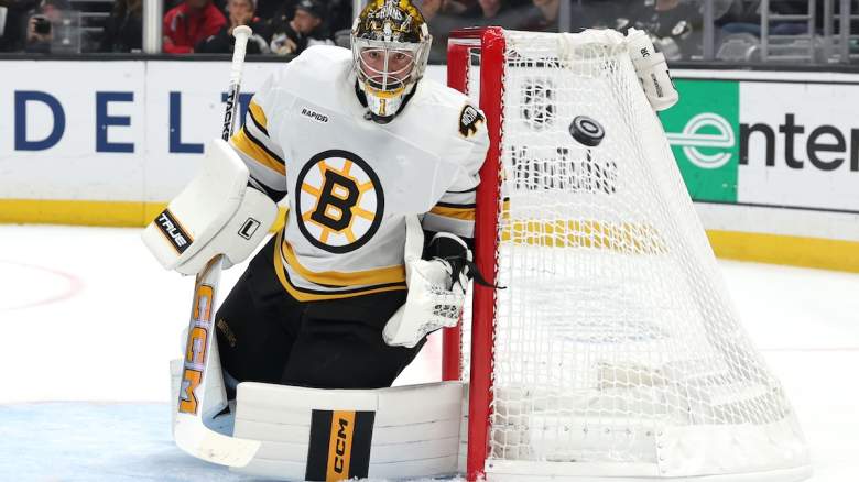 Jeremy Swayman #1 of the Boston Bruins reacts to a shot