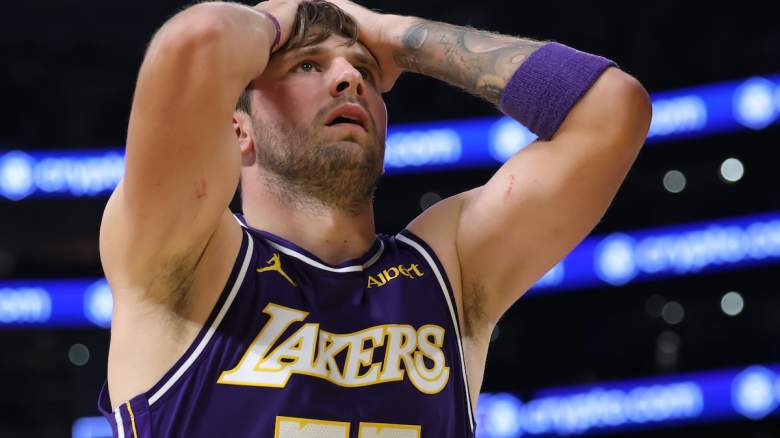 Luka Doncic #77 of the Los Angeles Lakers reacts during a 136-129 loss