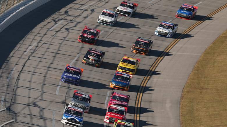 A general view of racing during the NASCAR Craftsman Truck Series Love's RV Stop 225 at Talladega Superspeedway on October 23, 2026 in Talladega, Alabama.