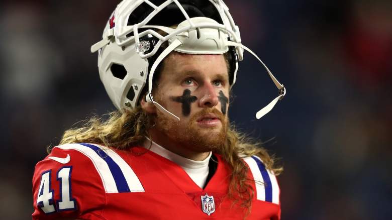 Safety Brenden Schooler #41 of the New England Patriots looks on during warm ups before the Patriots and Buffalo Bills game