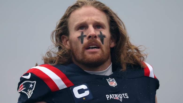 Brenden Schooler #41 of the New England Patriots reacts