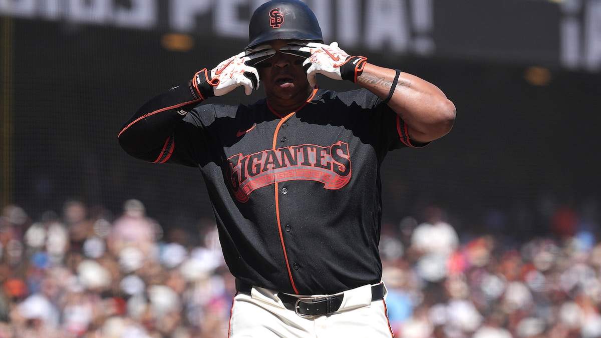 Rafael Devers #16 of the San Francisco Giants celebrates after hitting a two-run home run
