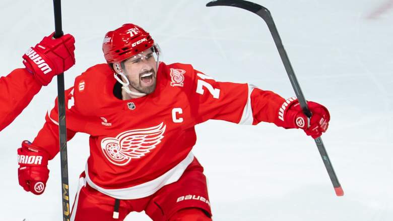 Dylan Larkin #71 of the Detroit Red Wings celebrates
