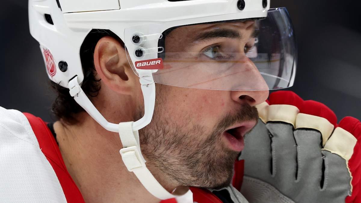 Dylan Larkin #71 of the Detroit Red Wings reacts against the Seattle Kraken
