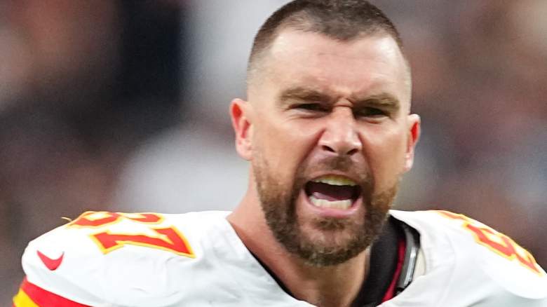 Travis Kelce #87 of the Kansas City Chiefs reacts after a defensive stop