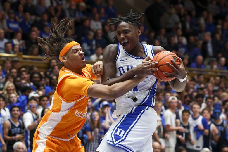 Duke basketball Patrick Ngongba gets a rebound