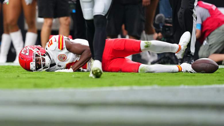 Tyquan Thornton #2 of the Kansas City Chiefs reacts after an injury