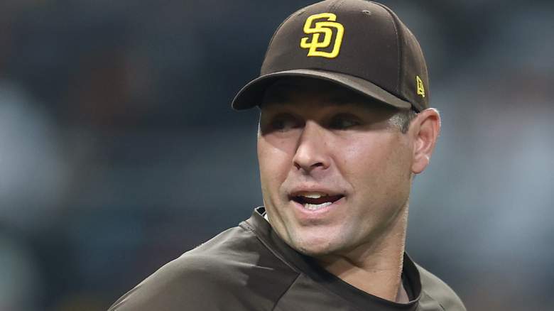 Manager Craig Stammen of the San Diego Padres argues