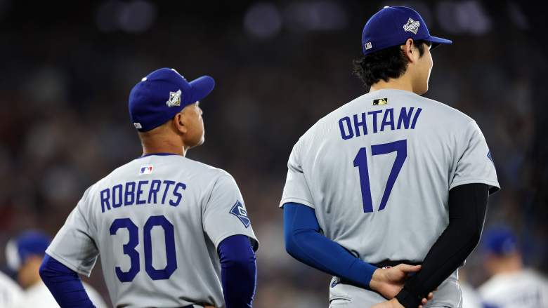 Los Angeles Dodgers manager Dave Roberts and designated hitter Shohei Ohtani