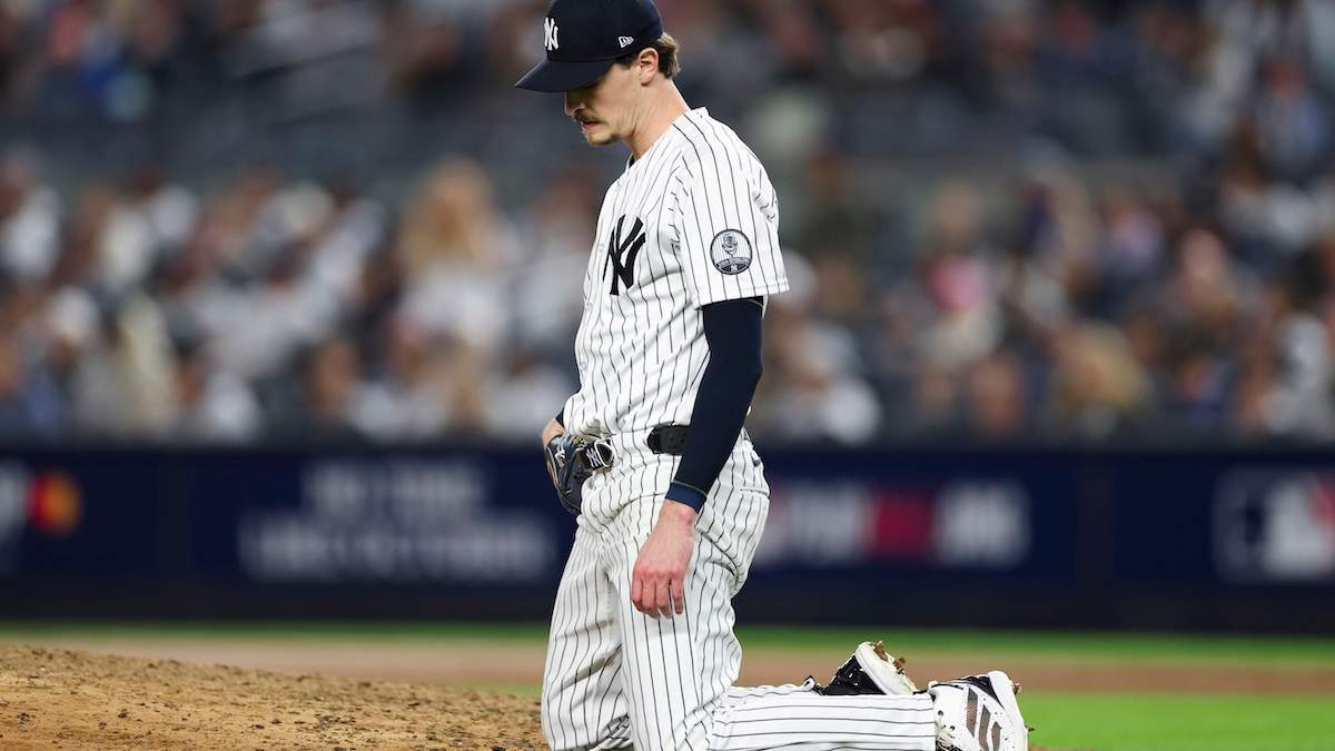 Max Fried #54 of the New York Yankees reacts after giving up a home run
