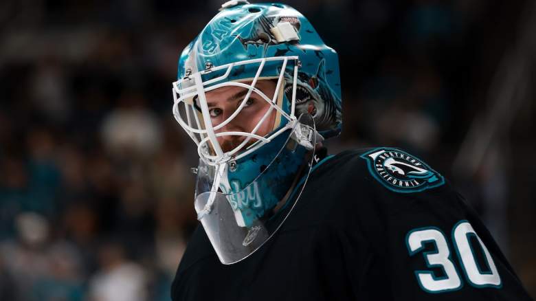 Yaroslav Askarov #30 of the San Jose Sharks stands on the ice